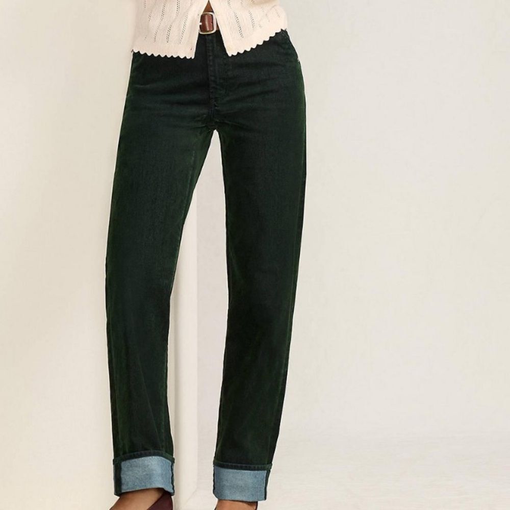 Land's End Plus coated velvet mid rise cuffed straight leg jeans balsam green 14